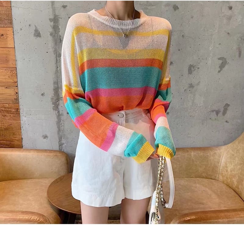 Fashion Women Summer Autumn Top Long Sleeve Loose Rainbow Stripe Sweater Elegant Ladies Casual Pullover Streetwear