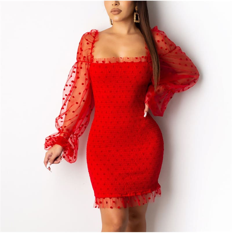 Fashion Women Sexy Mesh Puff Long Sleeve Bodycon Mini Dress Elegant Ruffles Bandage Party Club Ladies Dresses Streetwear