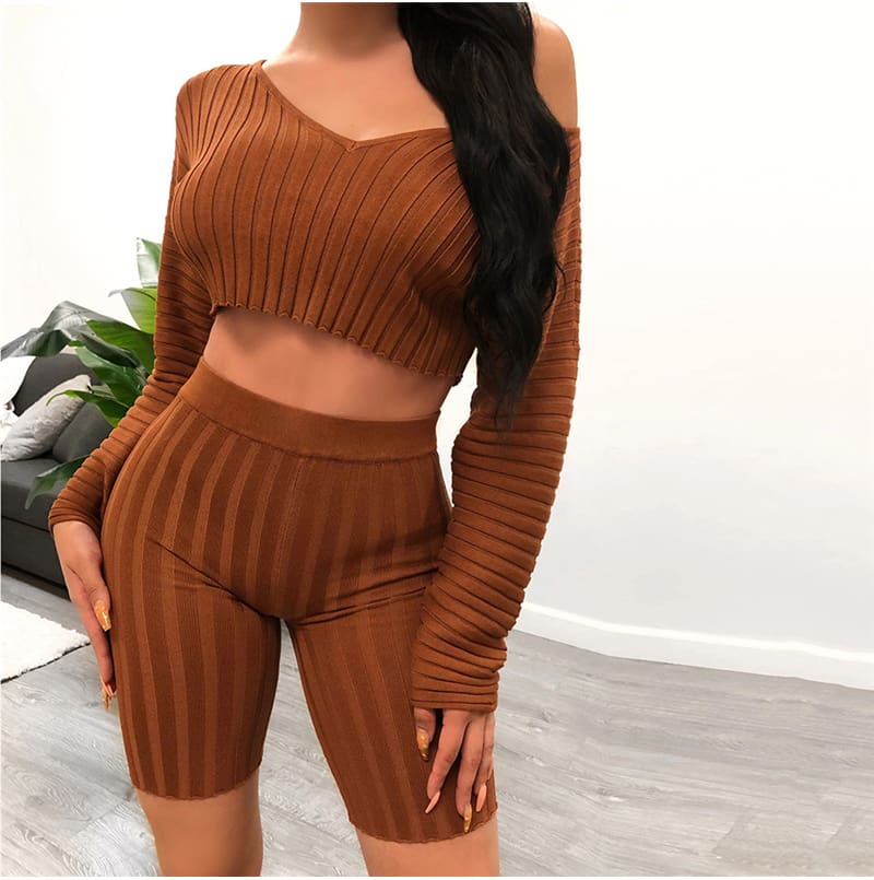 Women Long Sleeve Crop Top and Short Pant Suit Elegant Casual Plain Tight Stretch home wear 2 Piece Set