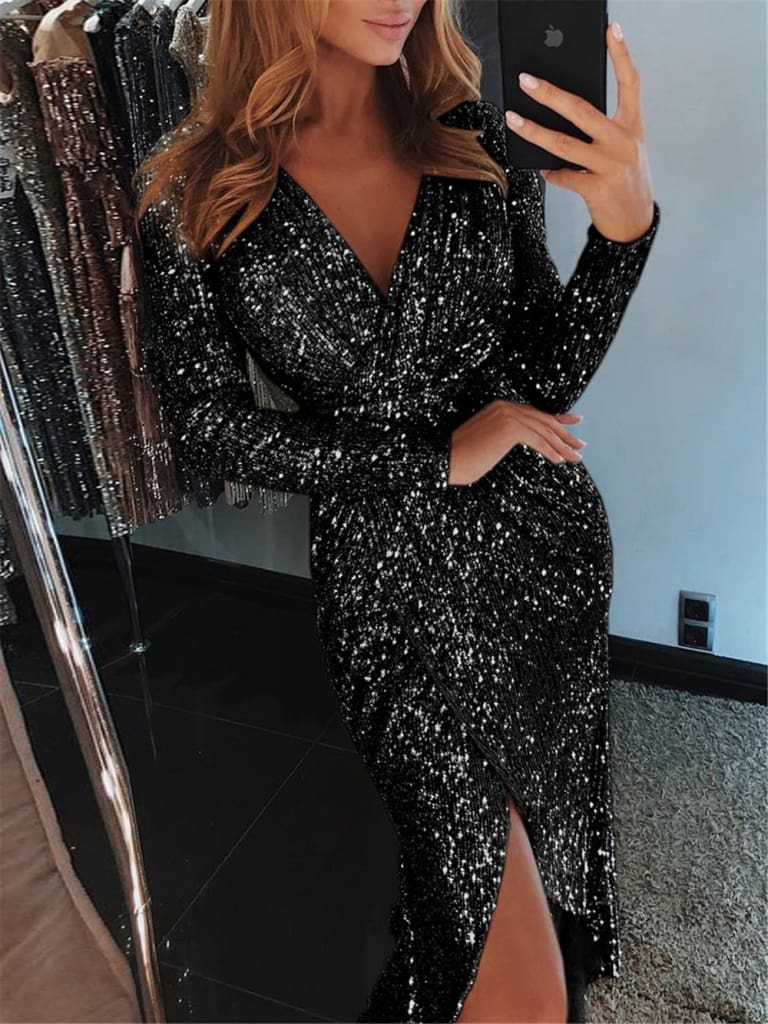 Women Sexy V neck Bodycon Skinny Dress Ladies Long Sleeve Dress