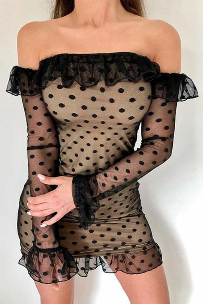 Women Ladies See-through Base Dress Flared Long Sleeve Off-shoulder Polka Dots Printed Short Mini Dress