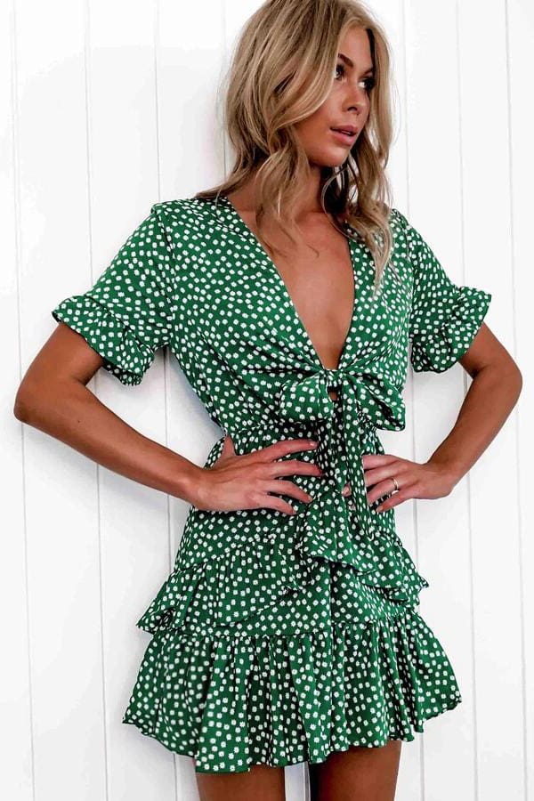 Women Polka Dot Boho Ruffle Mini Dress Knot V-Neck Beach Holiday Dresses