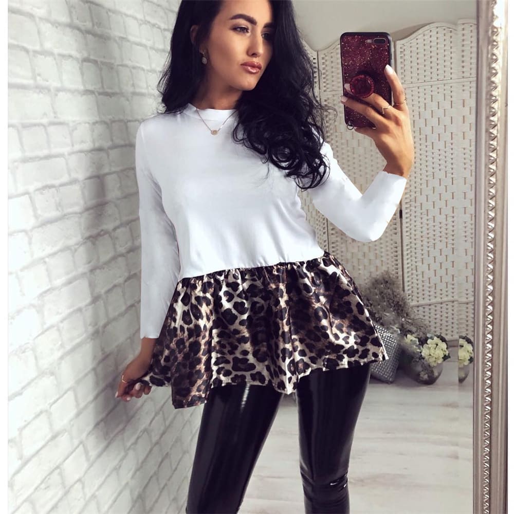 Women¡äs Leopard Patchwork Blouse Long Sleeve Sexy Tops Tee shirts