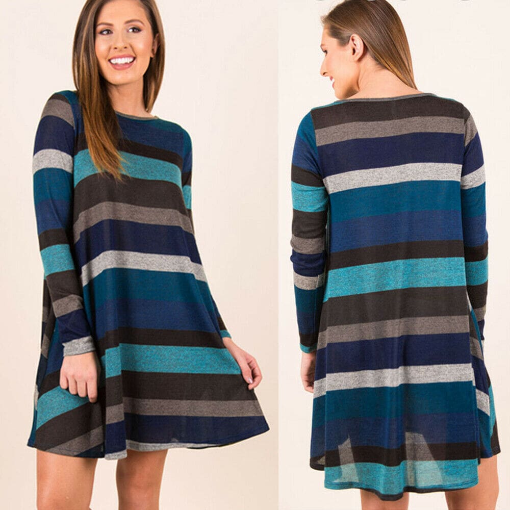 Women Stripe Mini Dress Round Neck Long Sleeve Ladies Casual Loose Tunic Pocket Short Dress