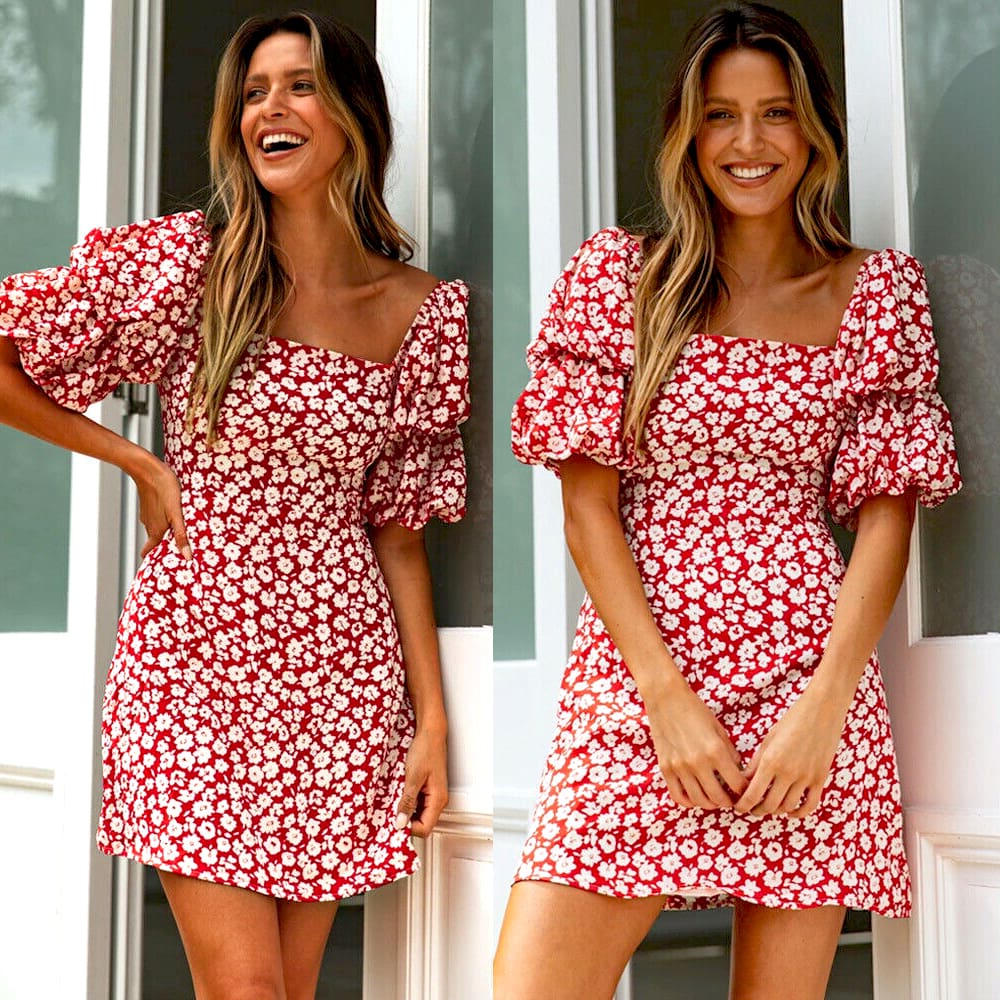 Women Wrap Boho Print Dress Ladies Holiday Beach Short Sleeve Square Neck Mini Dress