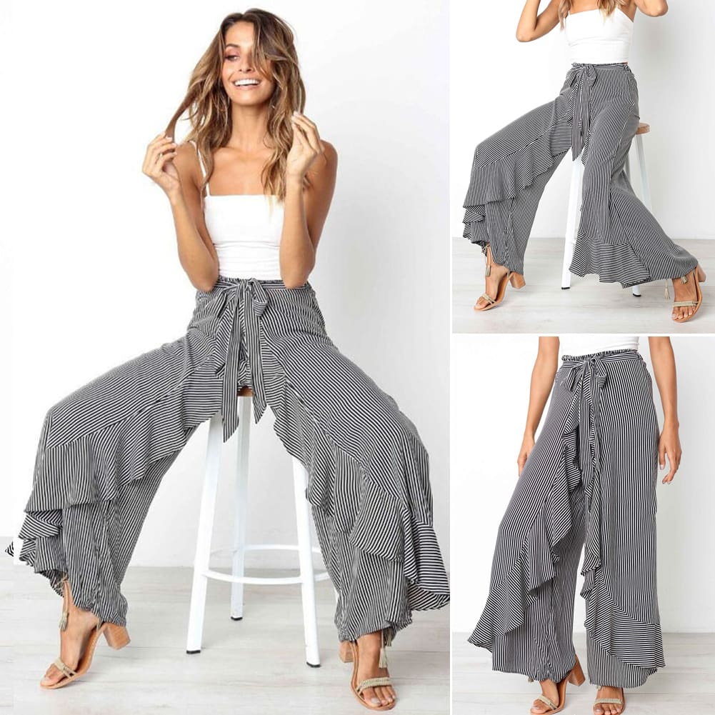 New Women Striped Baggy Harem Pants Hippie Wide Leg Gypsy Boho Long Palazzo Bow Tie High Wais Ruffle Loose Trouser