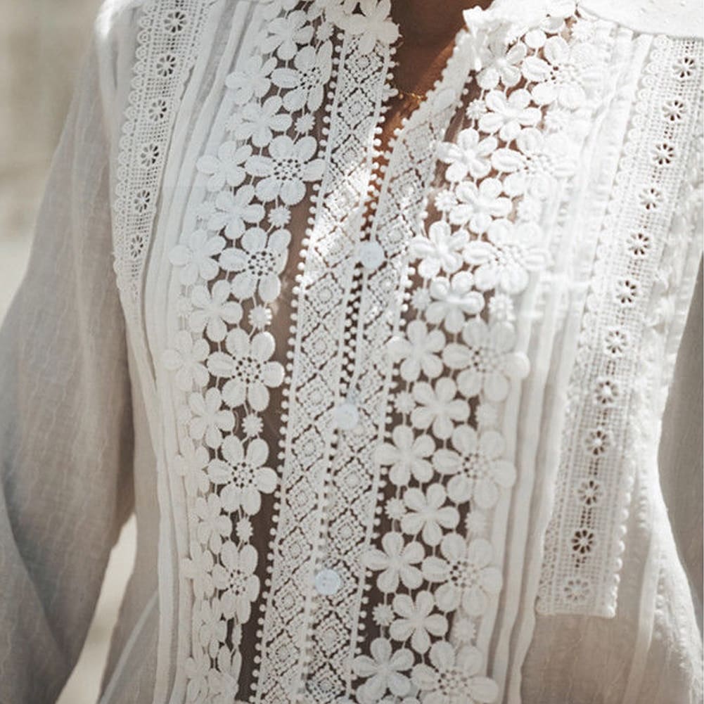 Women Boho Long Sleeve Floral Lace White Tops Blouses Hollow out Beach Elegant Shirt harajuku femme Clothes Summer Party Tops