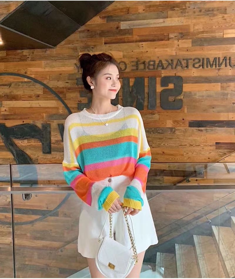 Fashion Women Summer Autumn Top Long Sleeve Loose Rainbow Stripe Sweater Elegant Ladies Casual Pullover Streetwear