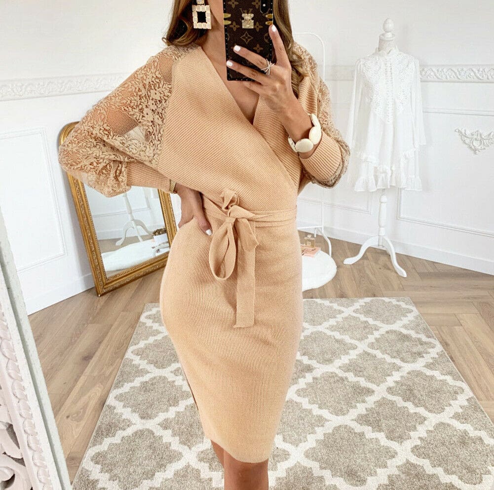 Women Elegant Knitted Pencil Dress New Woolen Split Dress Lace Long Sleeve V Neck Party Clubwear Belt Autumn Winter Lady