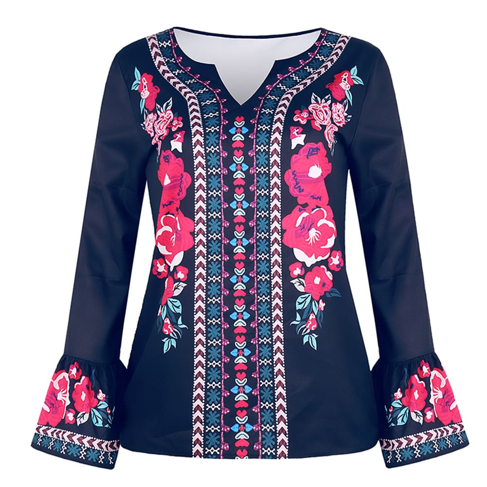 Fashion Women Boho Floral Long Sleeve Baggy V Neck Loose Blouse Autumn Ladies Casual Jumper Tops Plus Size