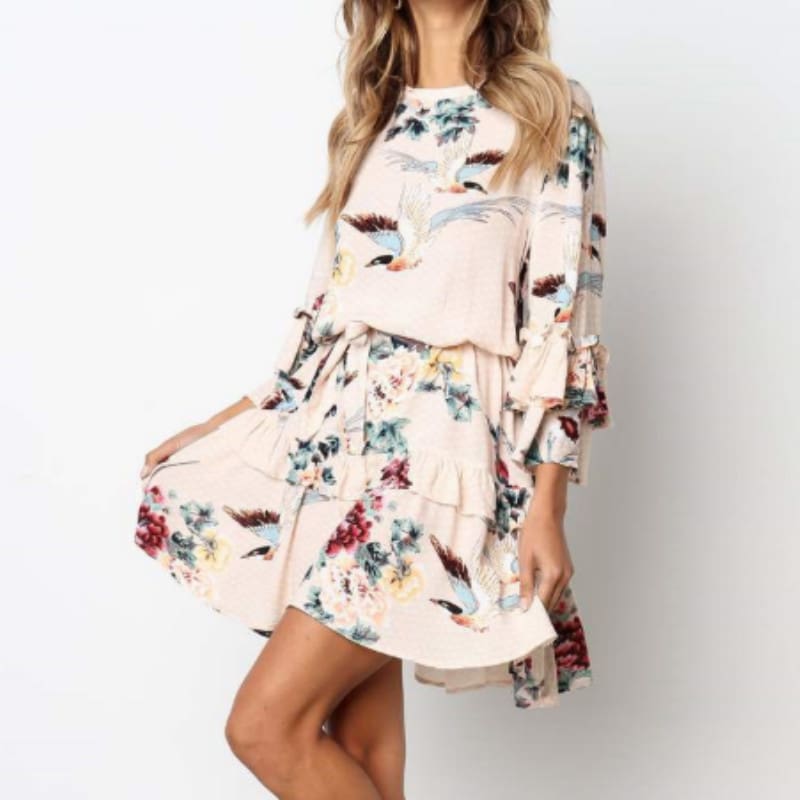 Women Autumn Spring Elegant Vintage Floral Ruffles Mini Dress Chsinese Printed Casual Dress