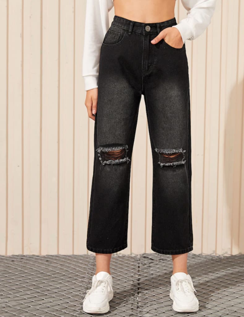 Women Black Destroyed Ripped Hole Casual Jeans Straight Wide Leg Denim Trousers Ladies High Waist Long Jeans Pants