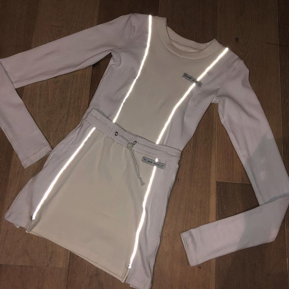 New Women¡ès Two Pieces Reflective Striped Long Sleeve Pullover Crop Top + Sexy Bottom Skirt Outfit Tracksuit