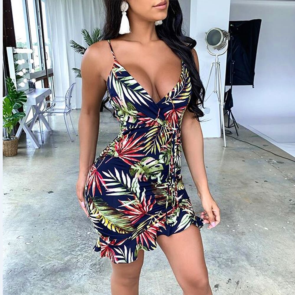 Women Bandage Bodycon Sleeveless Evening Party Club Mini Dress Floral Print Design Beach Holiday Casual Sheath Dress