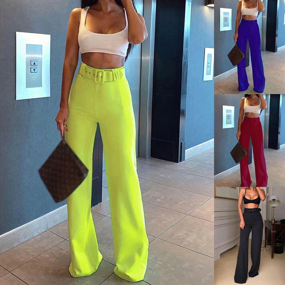 Fashion Women High Waist Flared Wide Leg Pants Elegant Ladies Casual Leggings Baggy Belt Long Trousers 2019