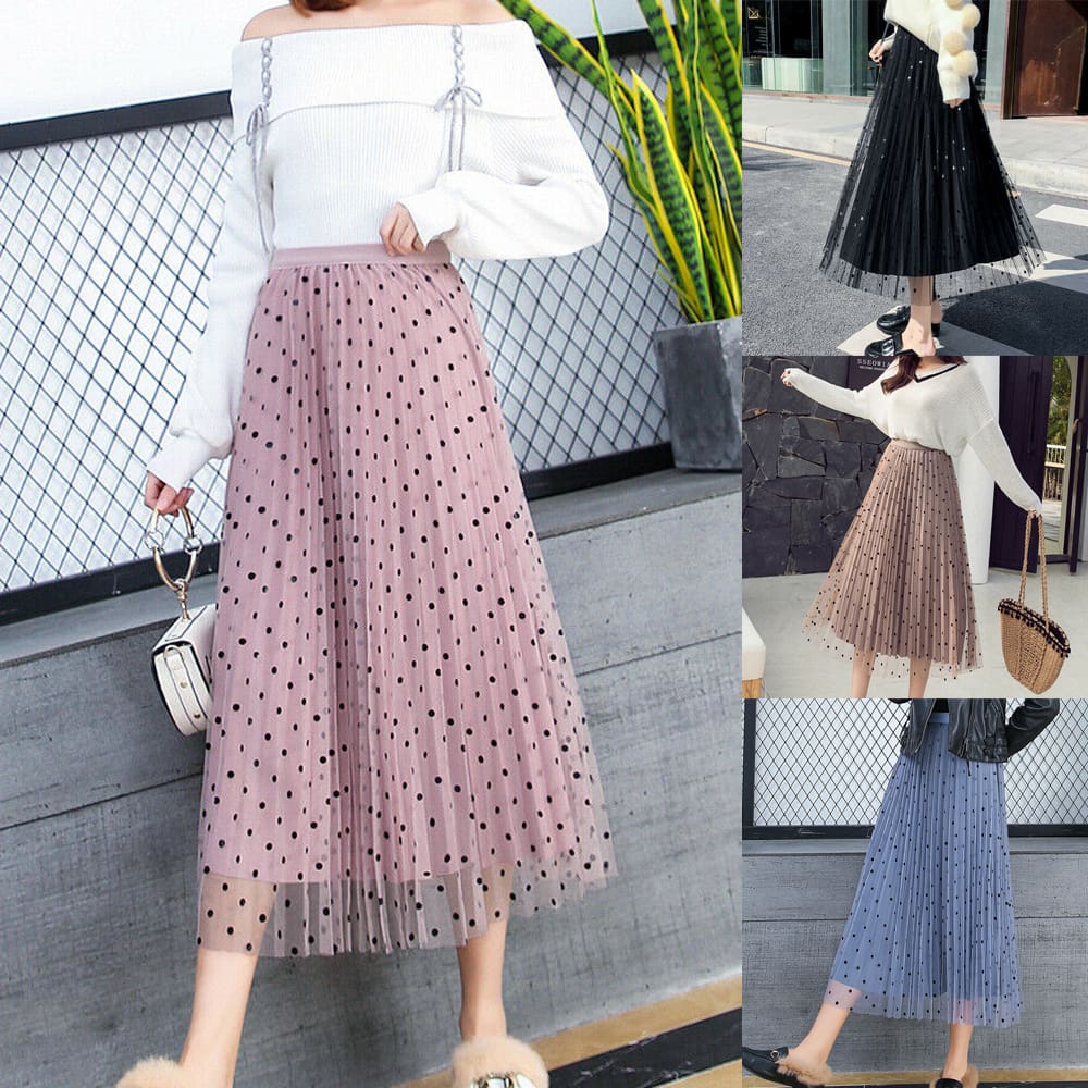 Womens Boho Polka Dot Long Maxi High Waist Skirt Summer Ladies Casual Pleated Beach Skirt Sundress