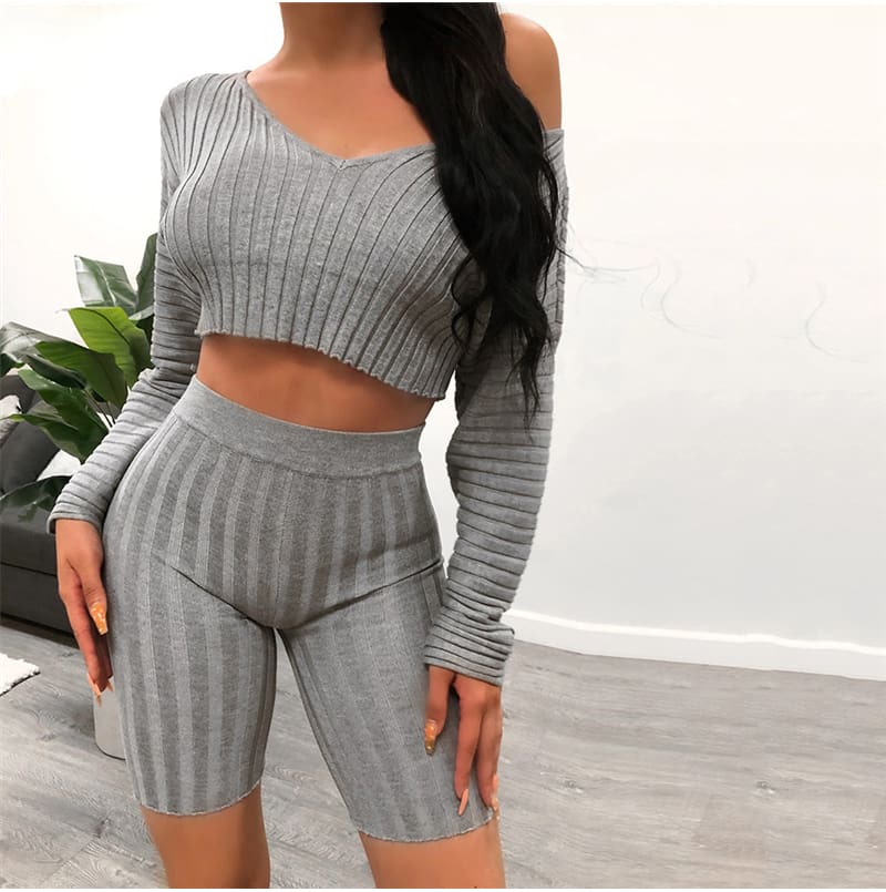 Women Long Sleeve Crop Top and Short Pant Suit Elegant Casual Plain Tight Stretch home wear 2 Piece Set