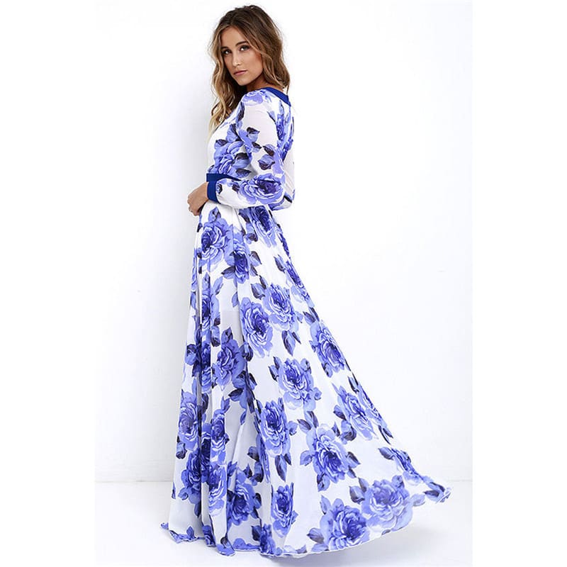 Women Ladies Long Sleeve Maxi Dress Casual Deep V-neck Floral Printed Slim Elegant Long Maxi Dress