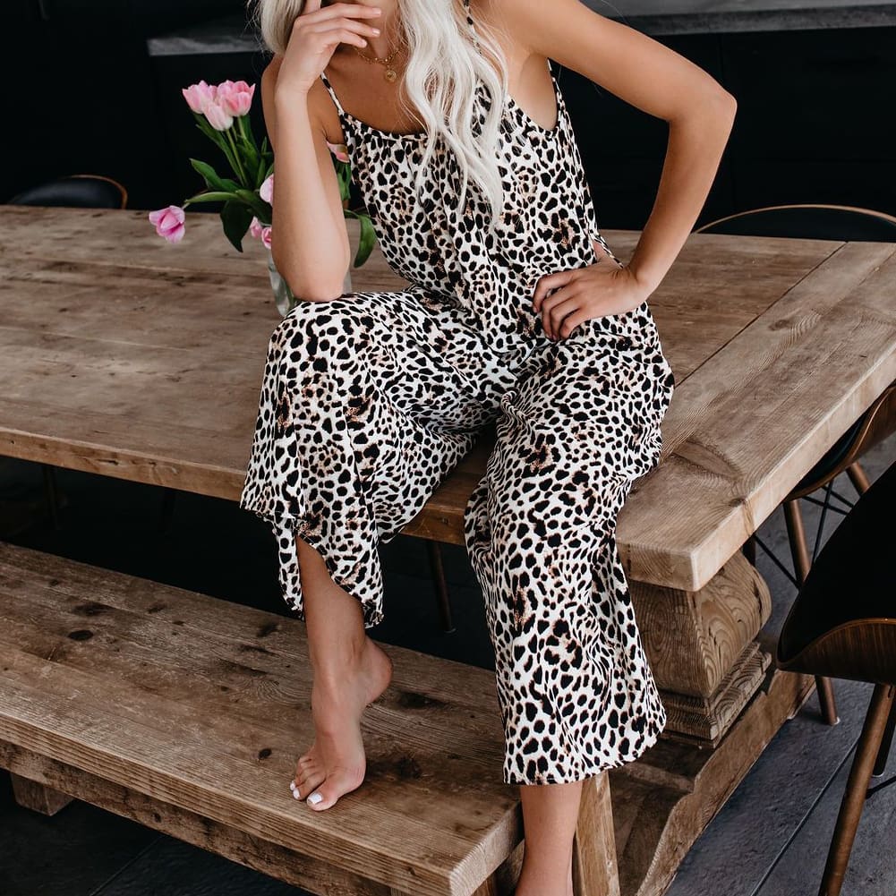 Fashion Womens Leopard Jumpsuit Casual Romper Sleeveless Long Pants Loose Playsuit Clubwear Trousers Outfits Streetwear