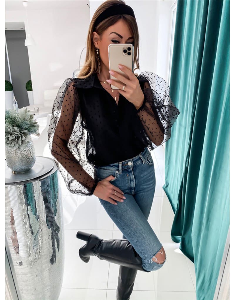 Women See Through Sleeve Sheer Mesh Dot Shirt Blouse Tops OL Puff Long Sleeve Shirt V-neck Buttons Shirts Blouses Outwear 2020