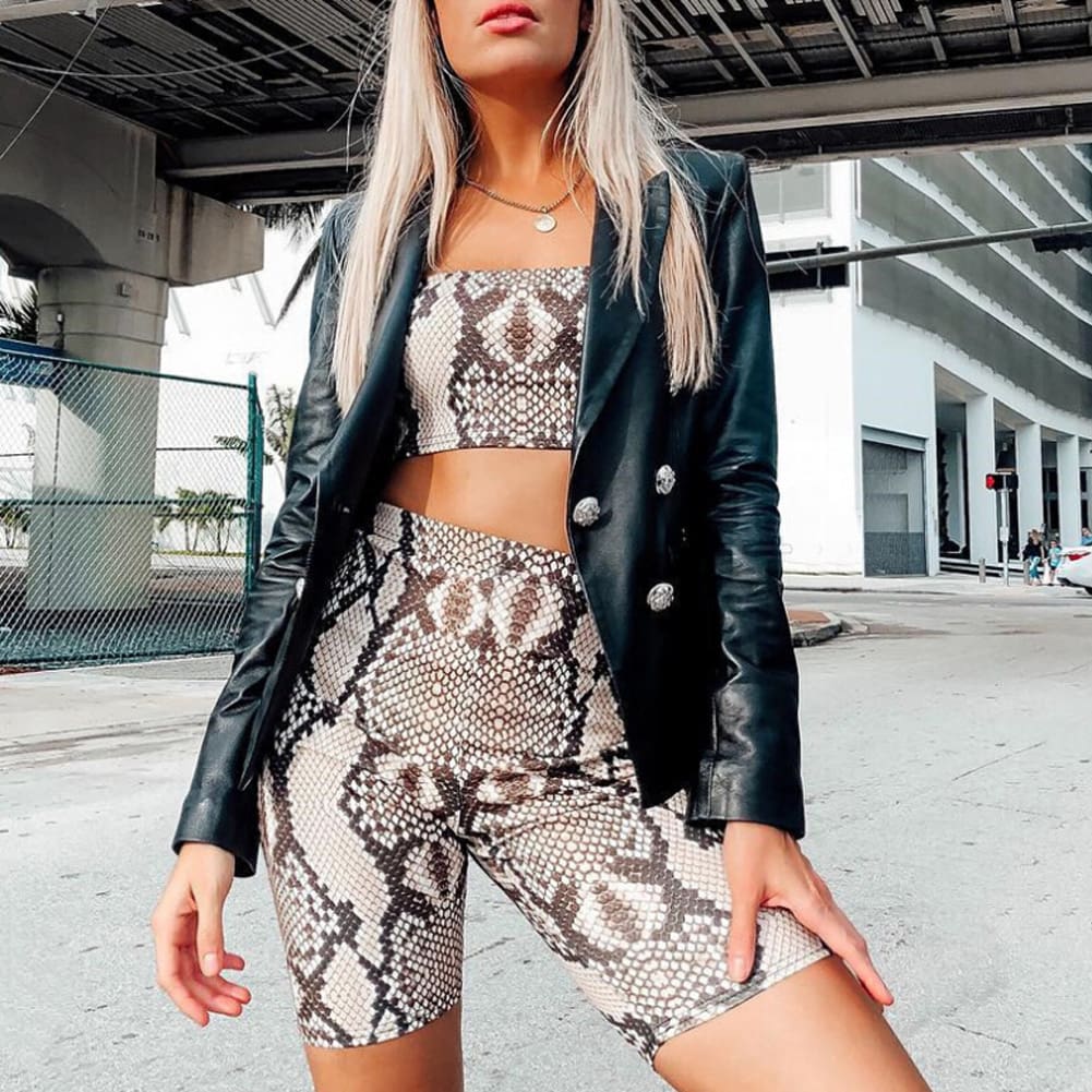 Snake Skin Print Two Piece Set Womens Shinny Tube Top Shorts