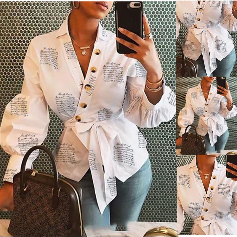 Women Button Blouse Shirt Female Clothing Long Sleeve Blusas Casual Womens Office Blouses Print Letter Lady OL Top