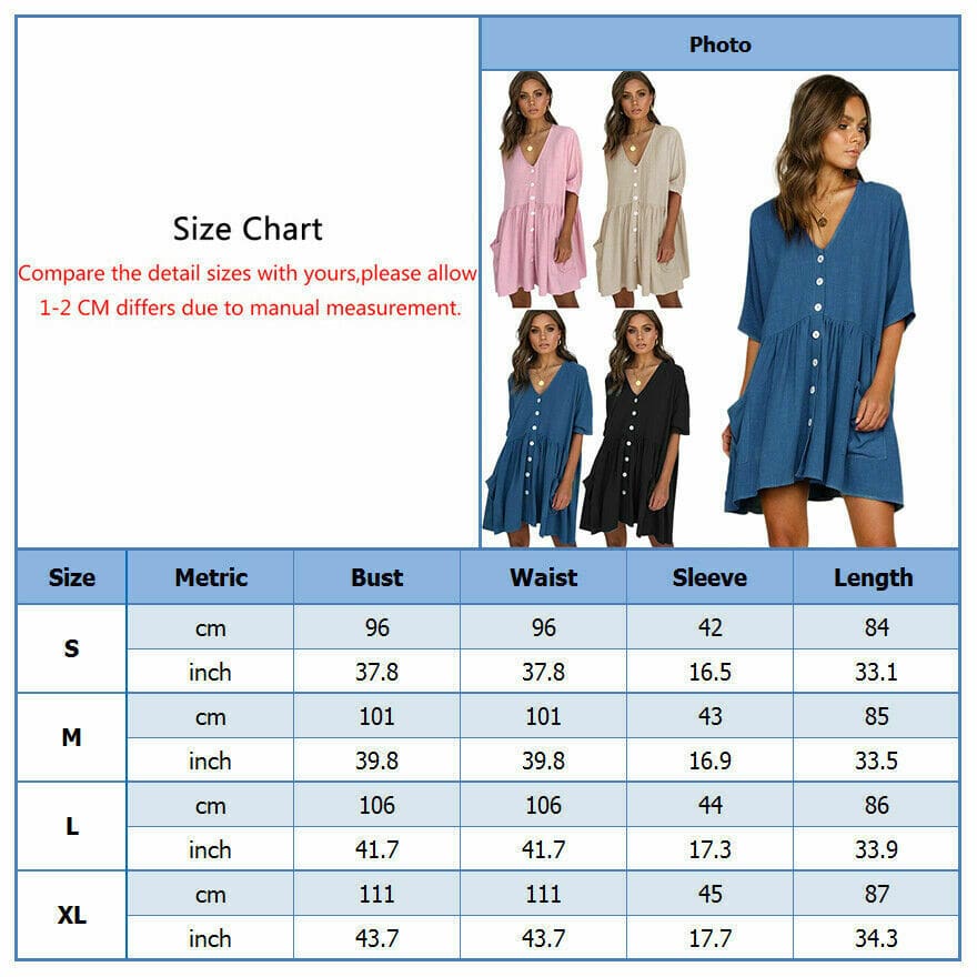 Women Ladies Holiday Short Sleeve Loose Button Pocket Dresses Summer Beach Mini Swing Sun Dress Tops