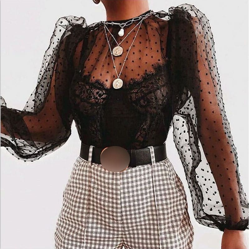 Fashion Ladies Women Sexy See Through Mesh Shirts Dot Printed Puff Long Sleeve Sheer O Neck Blouse Clubwear Summer Tops