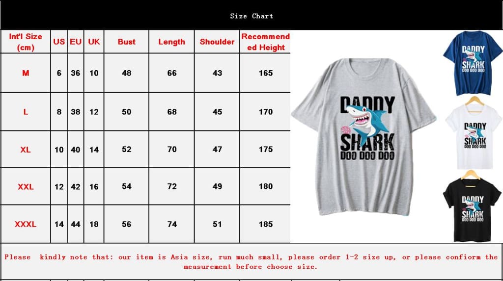 DADDY&MAMA SHARK Women Men Cotton Short Sleeve Loose Top Summer Casual Crew Neck T-Shirt Tee Tops