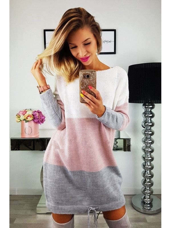 Women Knitted Sweater Long Sleeve O-Neck Loose Sweatshirt Pullover Long Top Mini Jumper Dress