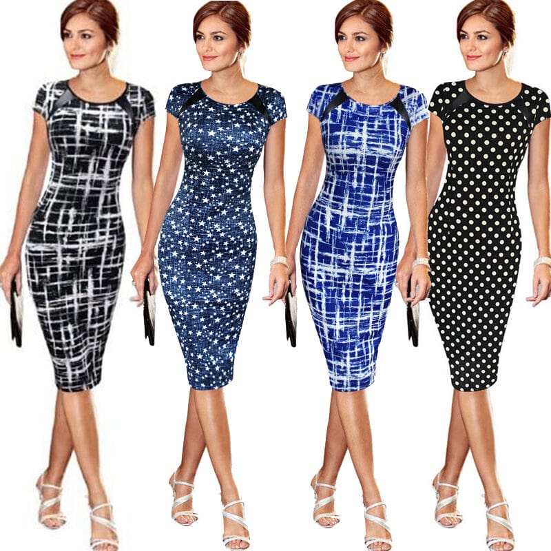 Women Pencil Dress Short Sleeve Summer Bandage Evening Party O-neck Bodycon Slim Polka Dot Dress Knee Length