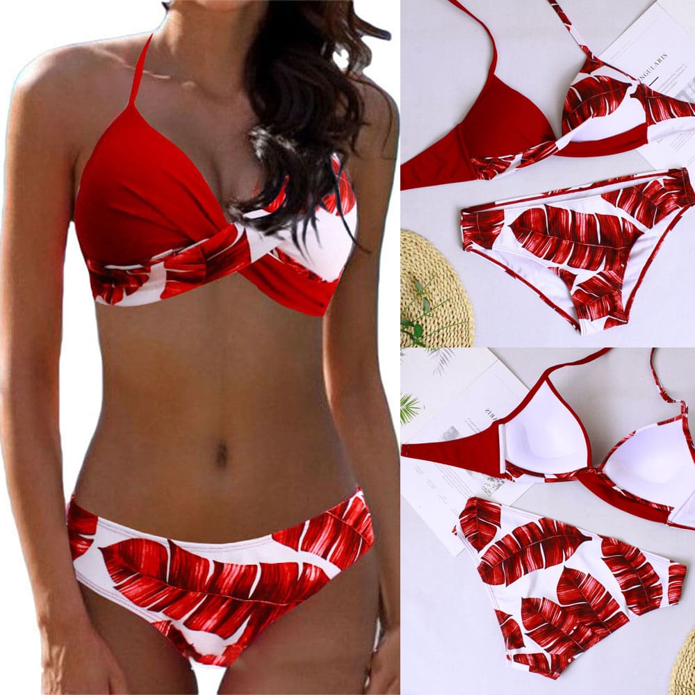 Women Sexy Leaf Polka Dot Bikini Padded Push up Swimwear Hawaii Swimsuit Beachwear Bathing Suit