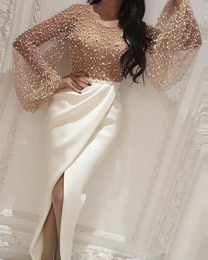 Women Beaded Patchwork Slit Long Puff Sleeve Formal Gown Wedding Bridesmaid Evening Party Bodycon Prom Cocktail Dress