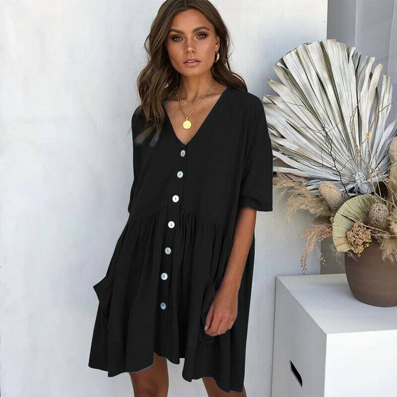 Women Ladies Holiday Short Sleeve Loose Button Pocket Dresses Summer Beach Mini Swing Sun Dress Tops