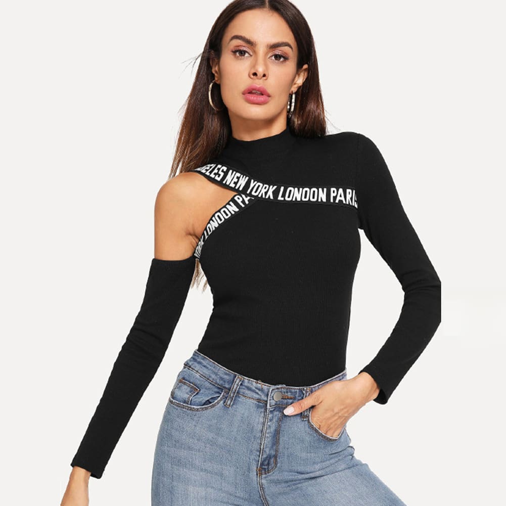 Fashion Women Hollow Out T Shirt Studded Long Sleeve Tops Tee Ladies Cold Shoulder Slim Fit Casual Tops Clubwear