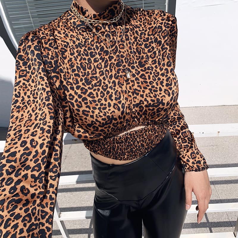 Womens Leopard Long Sleeve Tops Shirt High Neck Slim Blouse Crop Tops