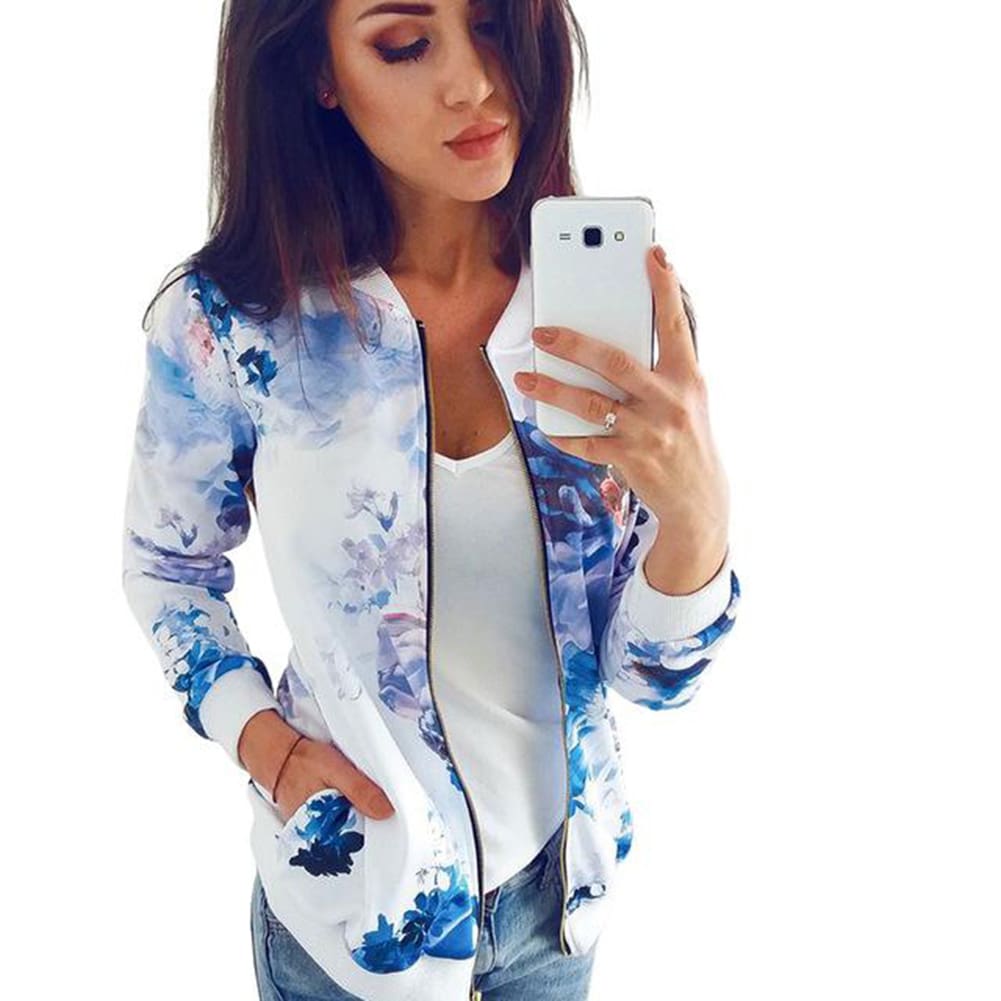 Women Ladies Retro Floral Zipper Up Bomber Long Sleeve Slim Plaid Jacket Casual Floral Zipper Up Bomber Coat Outwear