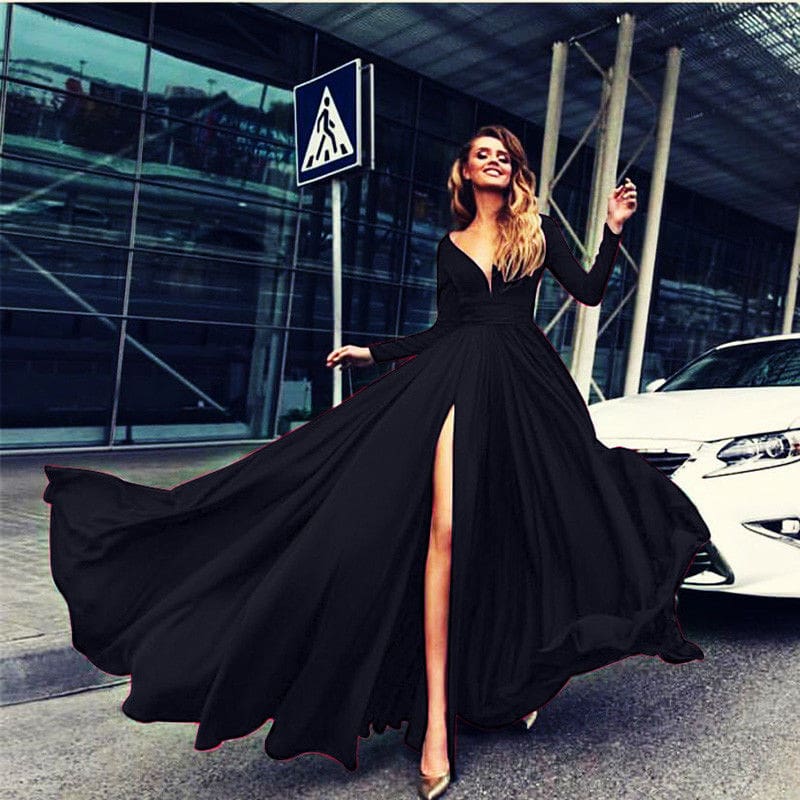 Women Autumn Long Sleeve Maxi Dress Elegant Split Formal Evening Party Dress Fashion V neck Women vestidos