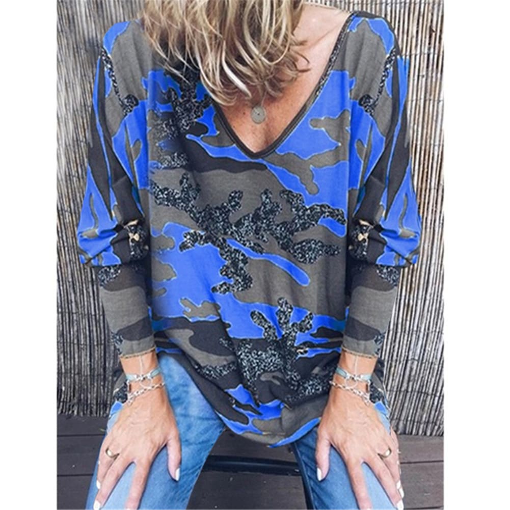 Women Loose Ladies Blouse Shirt Long Sleeve Summer Tops V neck Casual Camouflage Basic Tee Blouse Streetwear