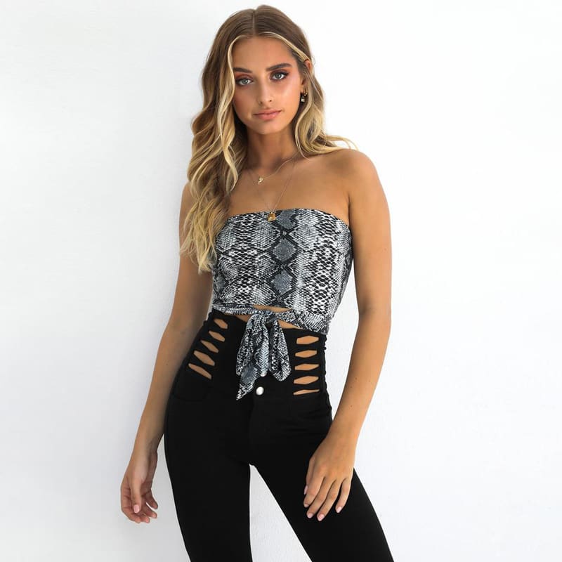 Womens Off Shoulder Snake Print Front Tie Bow Bandage Crop Top Veast Sexy Ladies Wrapped Tube Cami Top