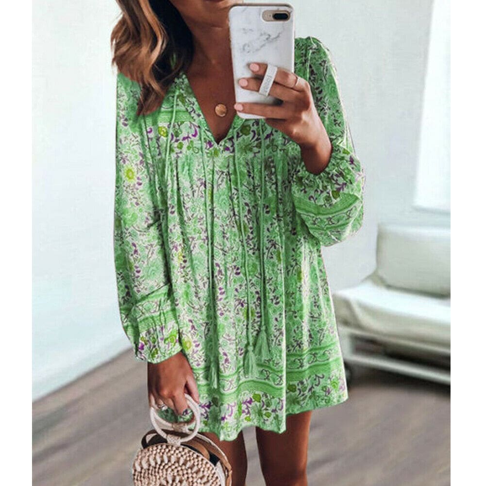 Fashion Women Vintage Boho Loose Dress Bohemian Ladies Summer Long Sleeve Baggy Sundress Beach Holiday Wear