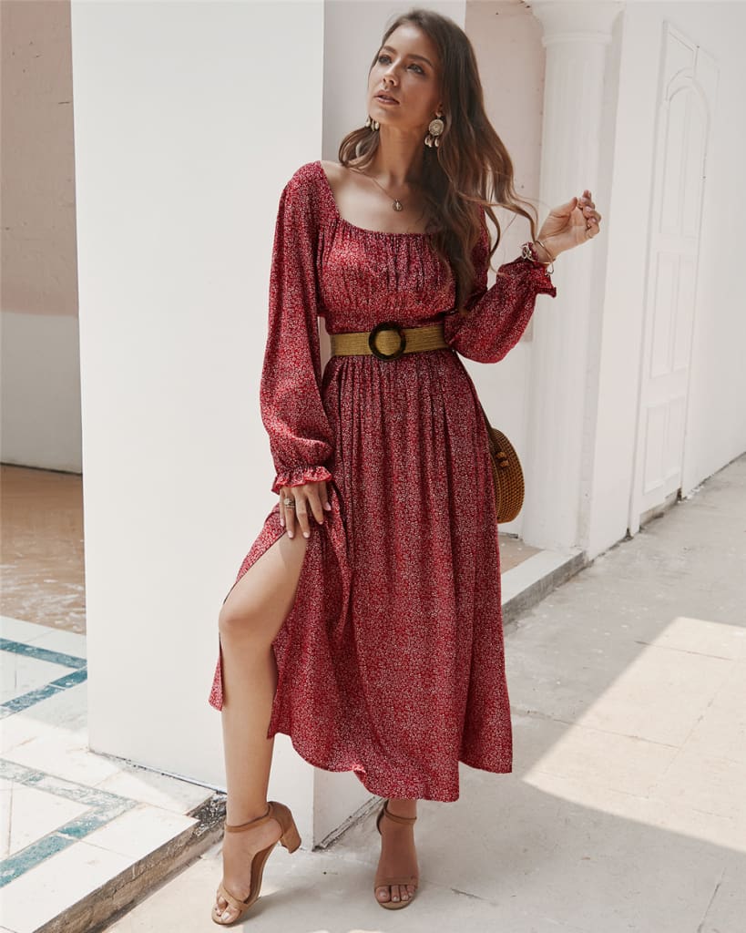 2019 Fashion Trend Women Ladies Long Sleeve Square neck Autumn Dress Floral Autumn Pre-fall Holiday Long Maxi Dress