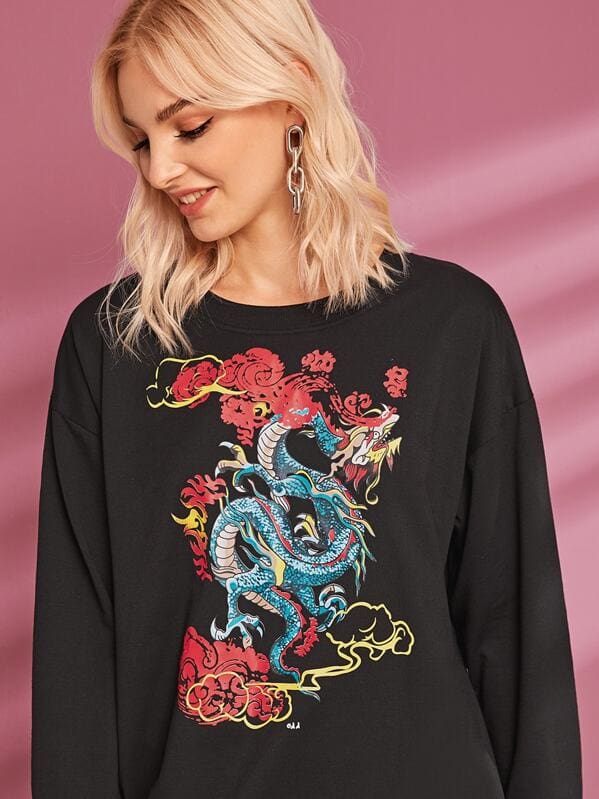 Women Long Sleeve Crew Neck Dragon Print Sweater Sweatshirt Pullover Casual Tops Blouse Shirt