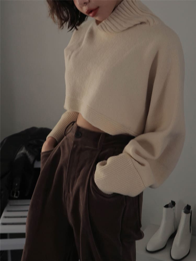 Retro Turtleneck Women Sweater Long Sleeve High Waist Knitted Pullover