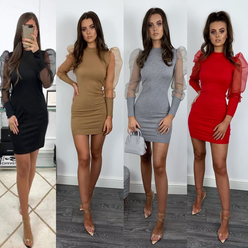 New Women Winter Mesh Sheer Puff Sleeve Bodycon Dress Ladies Party Club Knitted Sweater Jumper Tops Stretch Dress