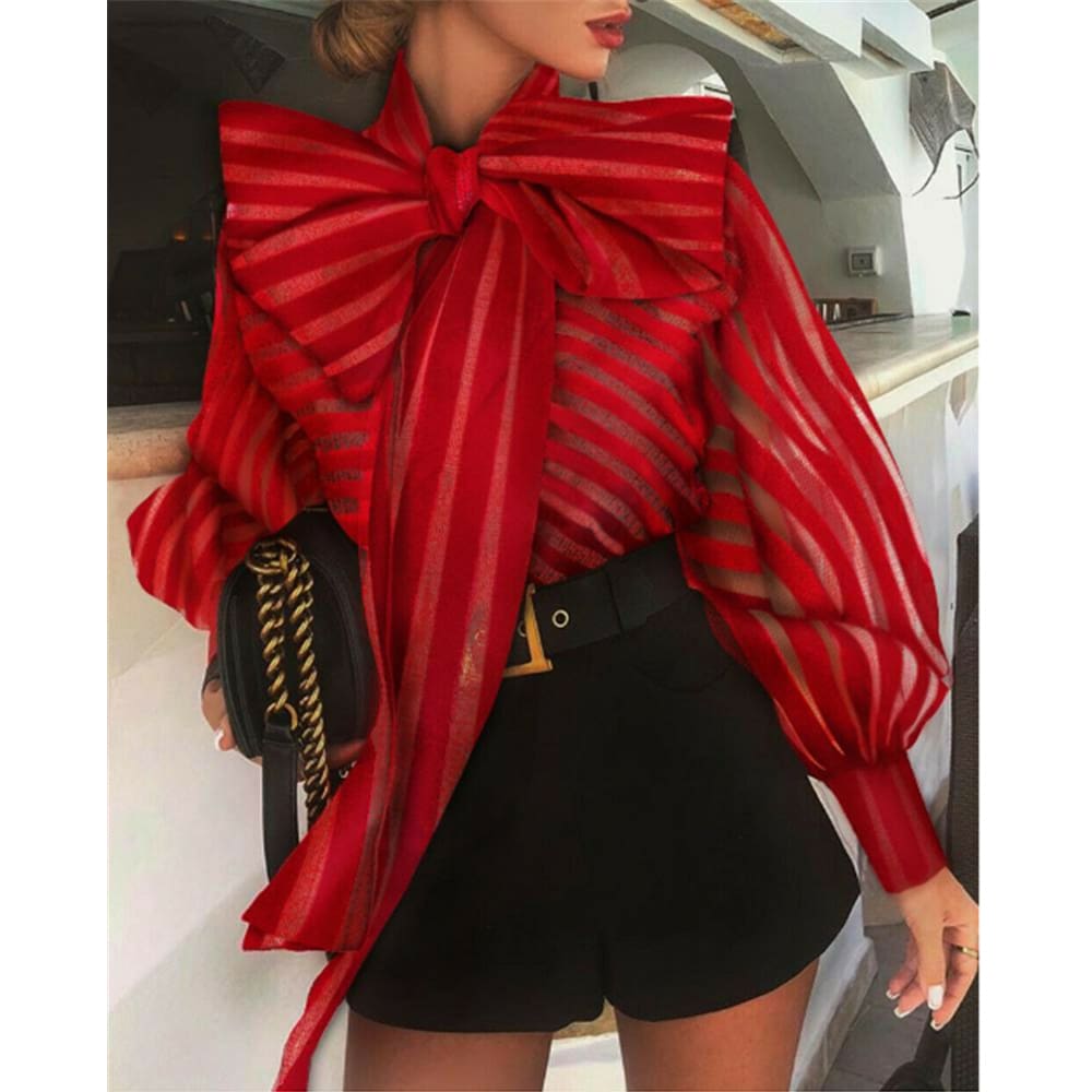 Women Mesh Shirt Ladies Office Work Casual See Through Bowknot Long Lantern Sleeve Striped Tops Blouse Shirts