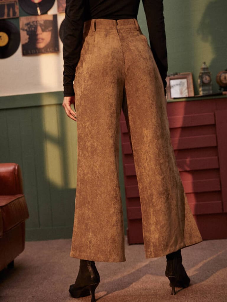 Womens Corduroy Wide-Leg Trousers High Waist Straight Loose Casual Straight Long Bell-bottom Pants