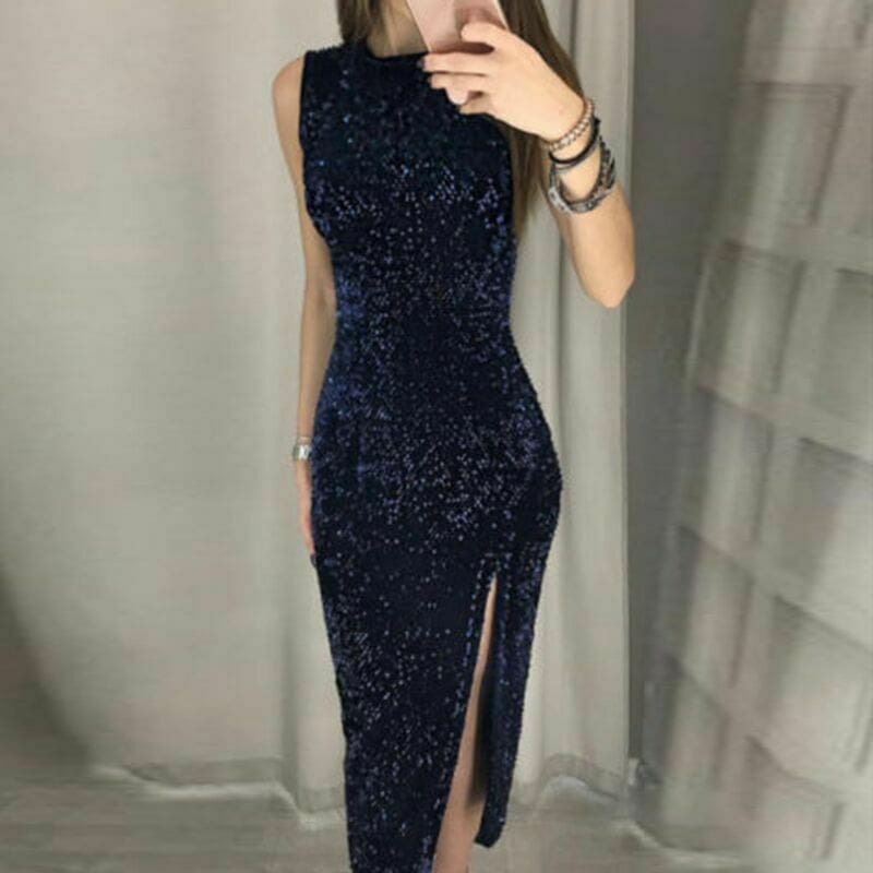 Eleagnt Womens Bodycon Sequin Glitter Midi Short Dress Sexy Lady Sleeveless Slim Split Evening Party Gown Dress