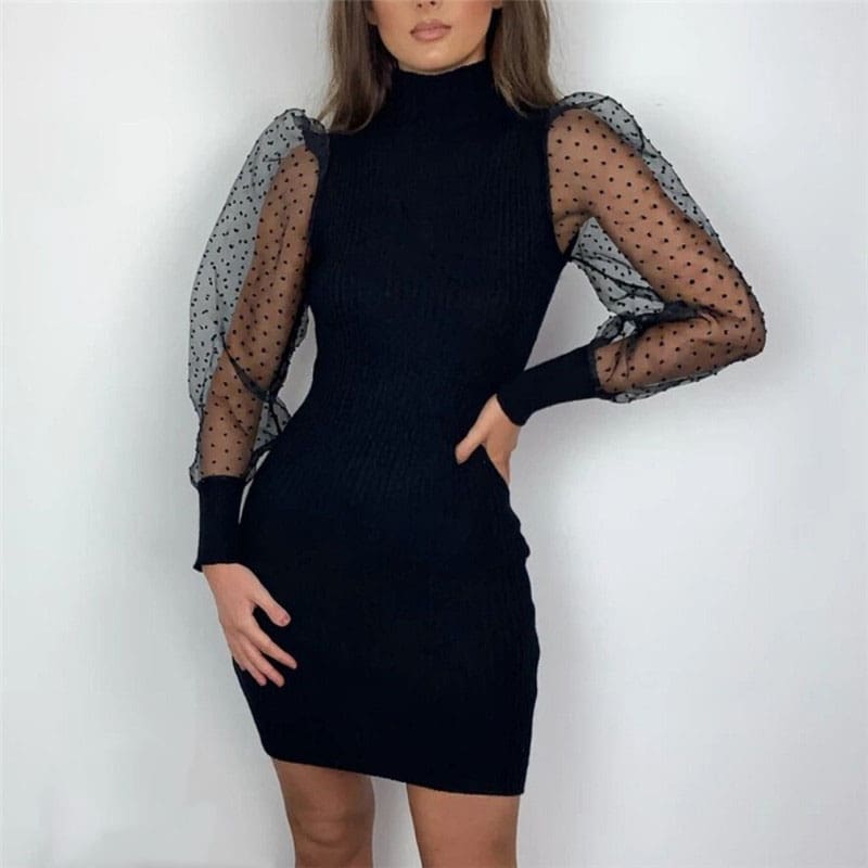 Black Mesh Sheer Long Sleeve Sheer Bodycon Elegant Polka Dots Dress Women 2020 Spring Slim Fit Mini Party Office Ladies Dresses