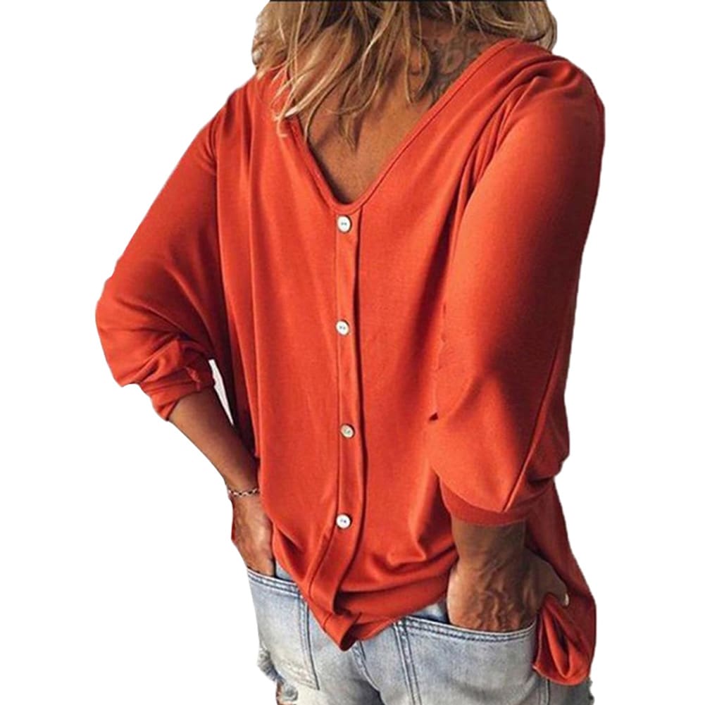 Plus Size Women Loose Long Sleeve Pullover Tops Shirt Ladies Casual V Neck Back Buttons Tops Shirts Tees New Fashion Style